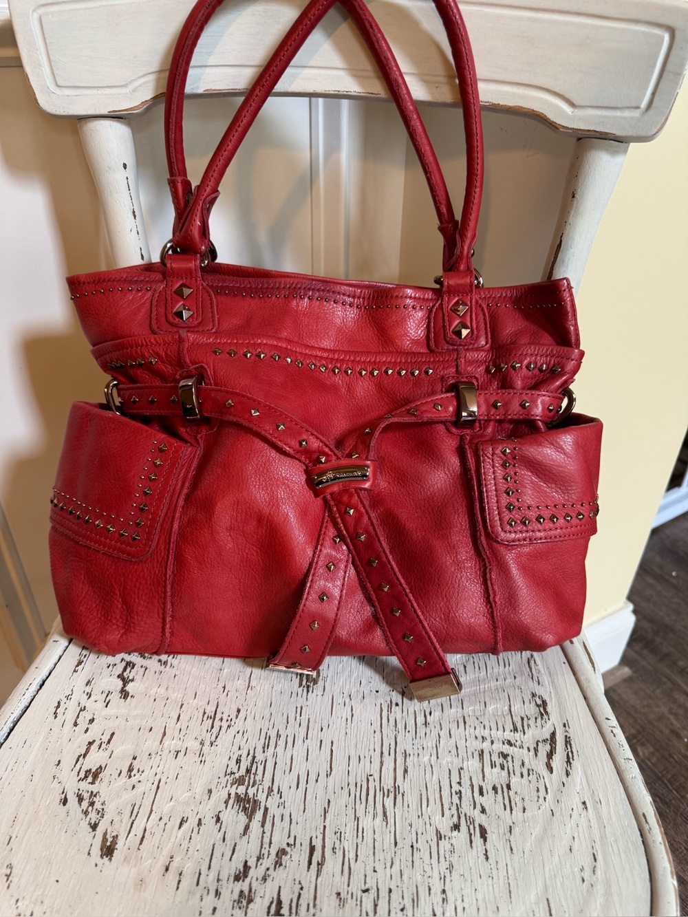 B. Makowsky Red Stud-Accent Leather Tote Bag